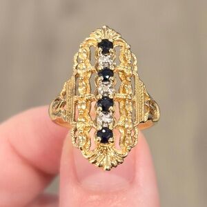 Art Deco Sapphire Shield Ring: 14K Yellow Gold, Diamond Accents, Size 8